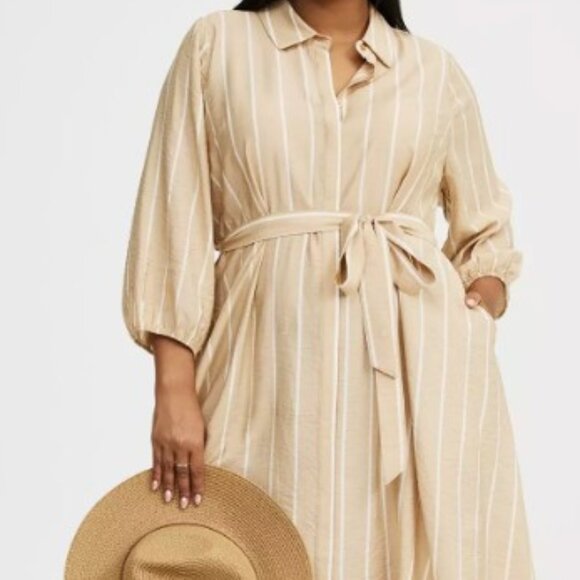 Torrid Collared Tie-Front Shirt Dress - Beig & White Stripe - Picture 1 of 6